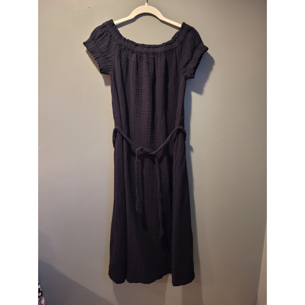 Loft 100% Cotton Tie Waist Short Sleeve Maxi Dress, Women's Size S, Black